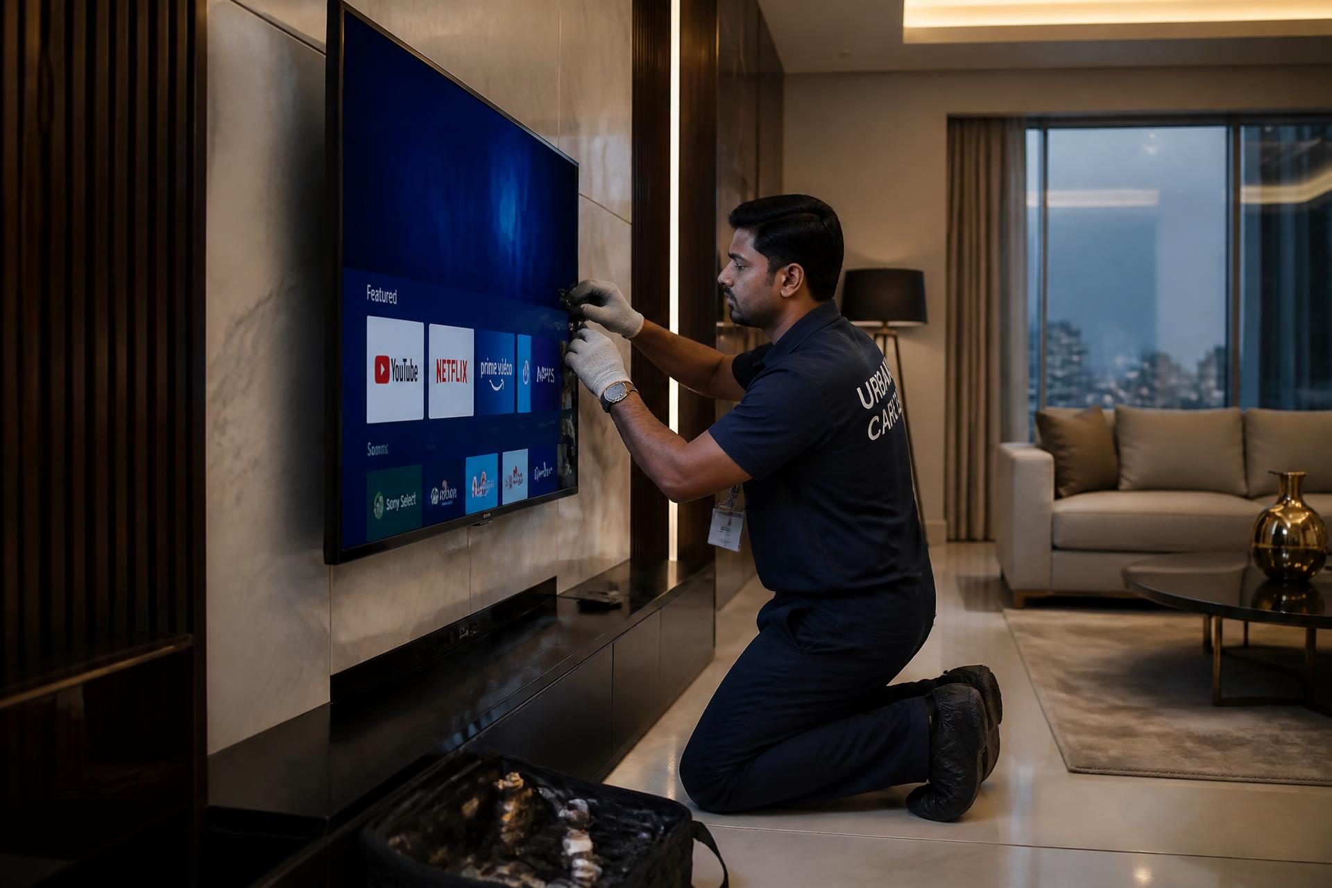 Professional technician repairing a modern Smart TV at a Hyderabad home